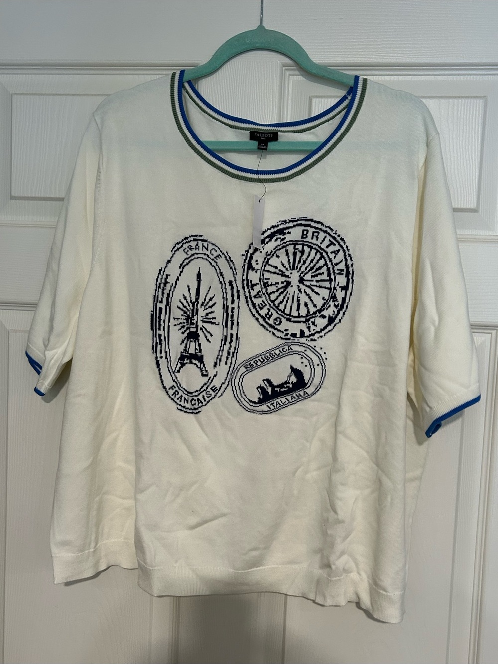Talbots Cream Short Sleeve Knit Sweater with Blue and Green Trim